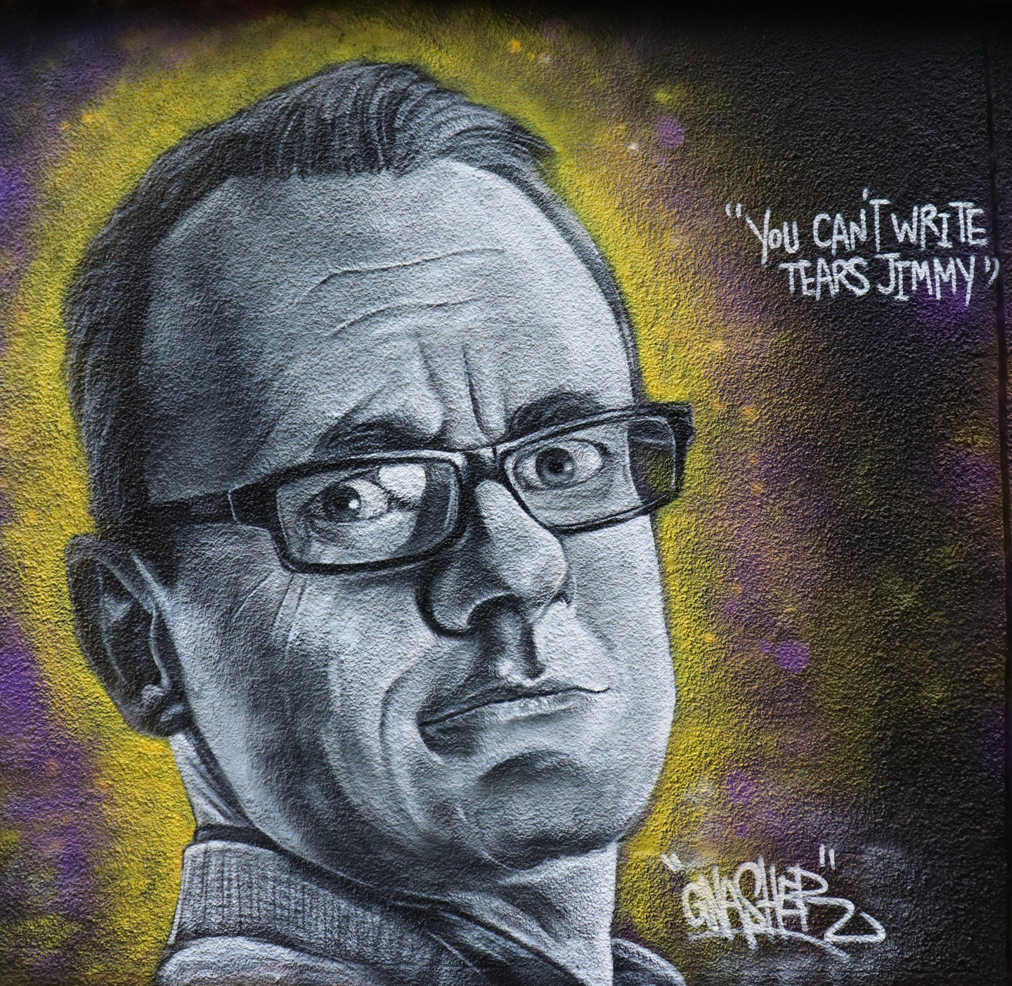 A black and grey piece of art of the late comedian Sean Lock
