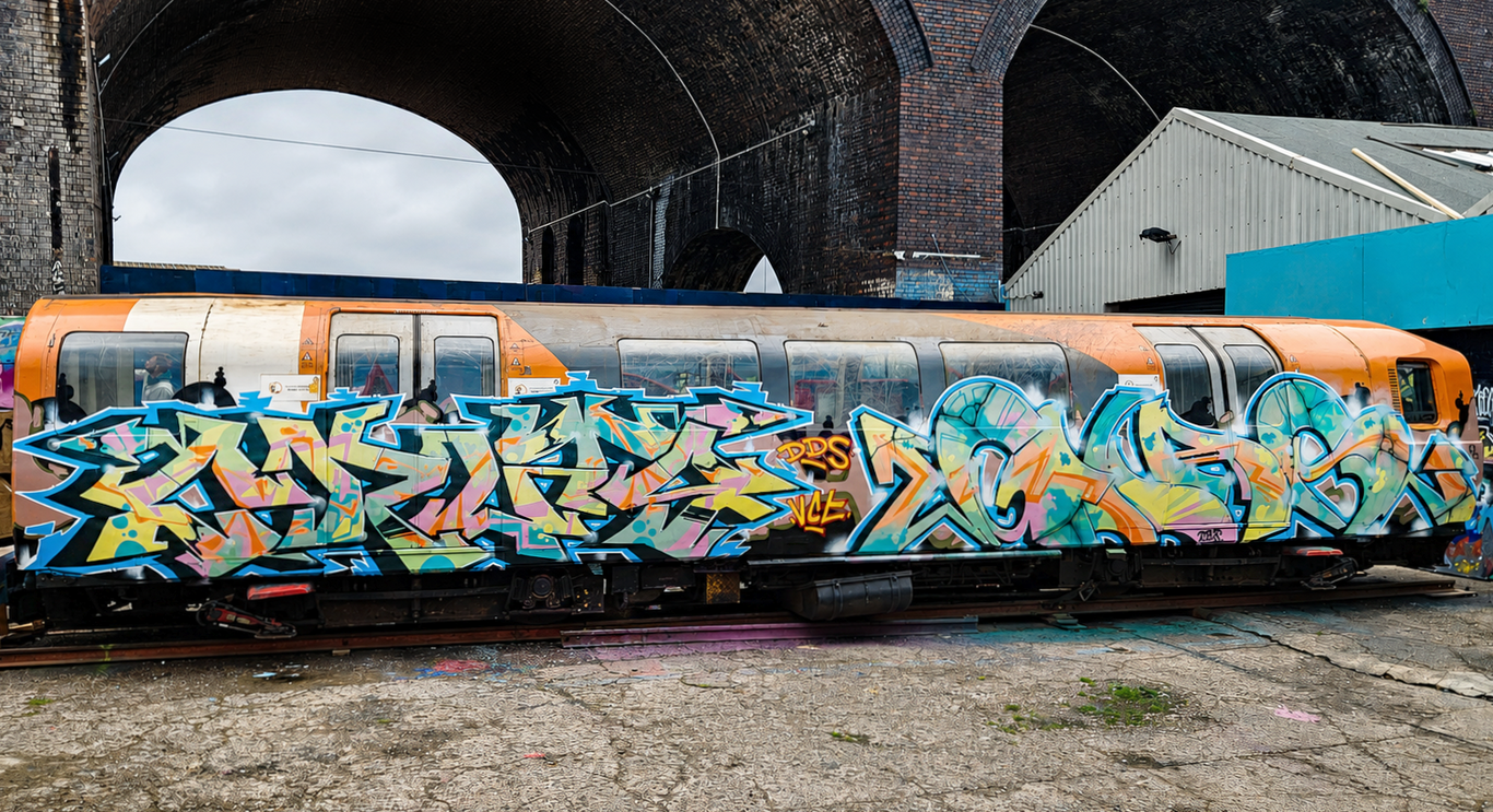 Two amazing pieces of graffiti, painted onto a train under an urban viaduct by Cruts VCT and Ghas DDS at The Bench 504