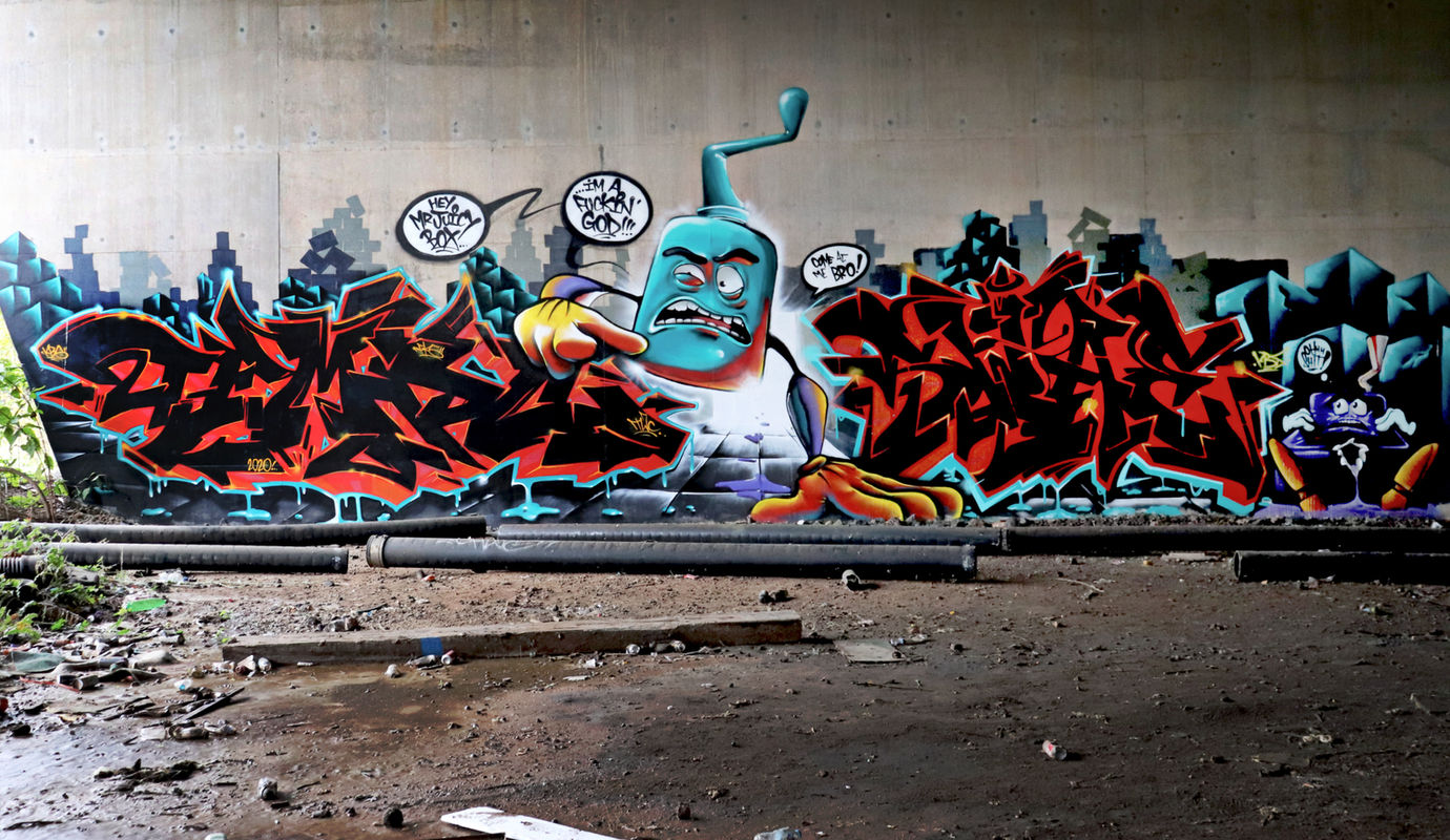 Red and black coloured graffiti letters with the character of a douche in the middle spray painted by writer artist Tempo and Swae
