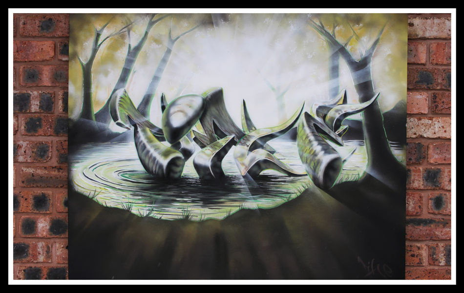 Graffiti lettering coming out of a swamp, painted on a canvas