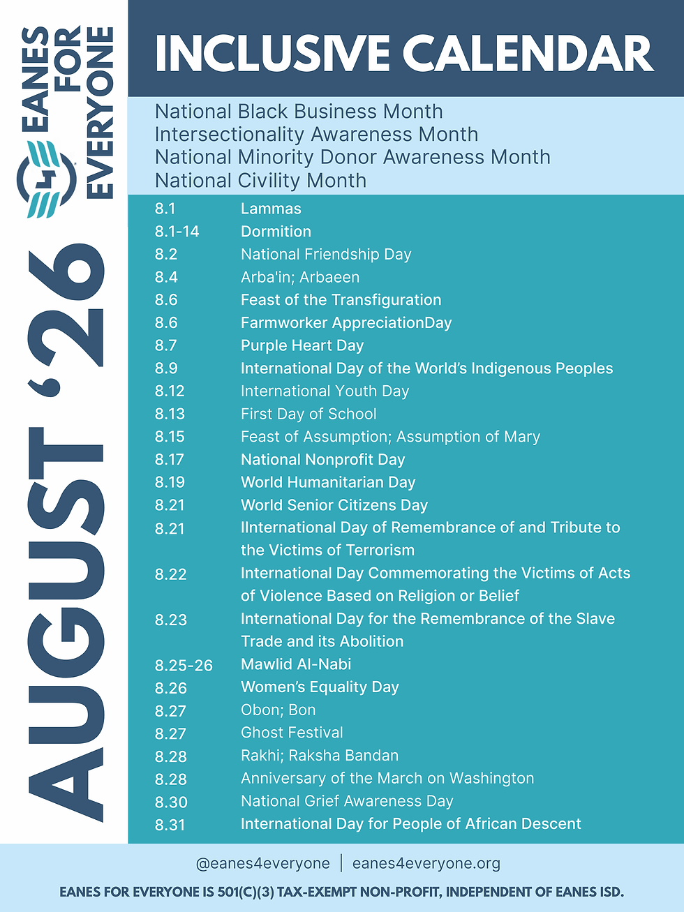 August Inclusive Calendar