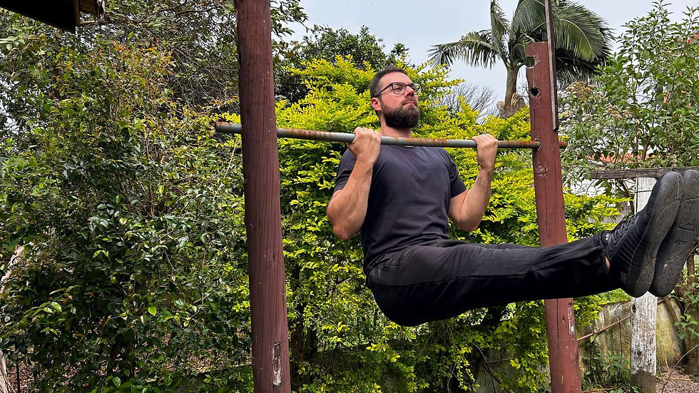 Homem fazendo barra fixa na posição L-sit