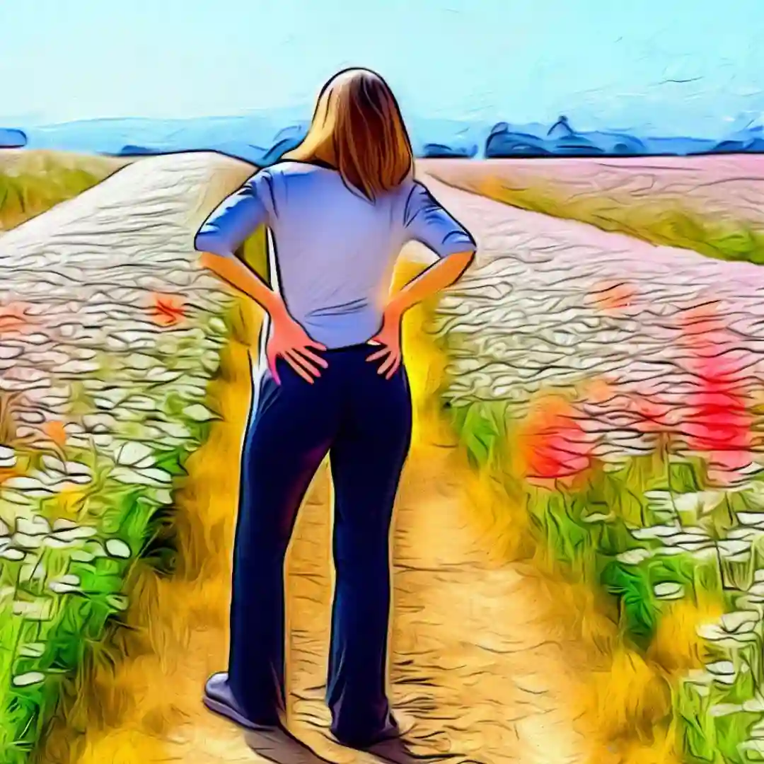 Women with back pain standing on a path between flowers