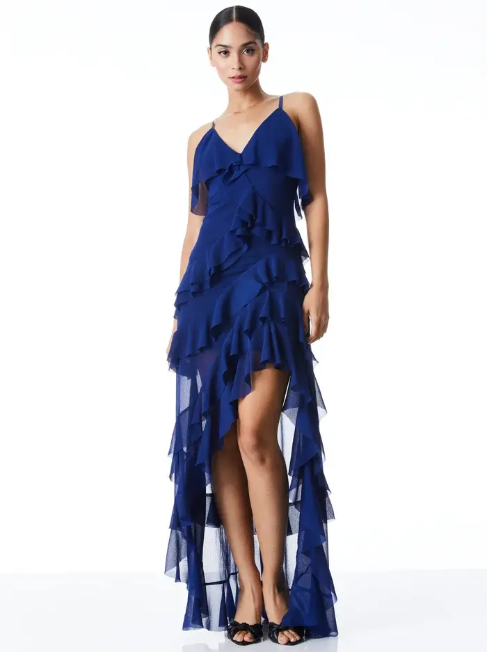 Thumbnail: Lavern - Asymmetrical long dress with tulle ruffles 
