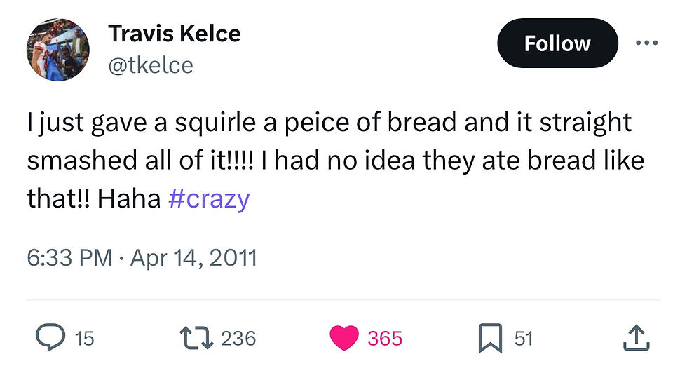 A tweet from Travis Kelce from April 14, 2022 reads, "I just gave a squirle a peice of bread and it straight smashed all of it!!!! I had no idea they ate bread like that!! Haha #crazy