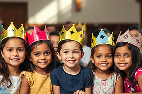 A diverse sunday school kids club at church with kids wearing crowns.jpg