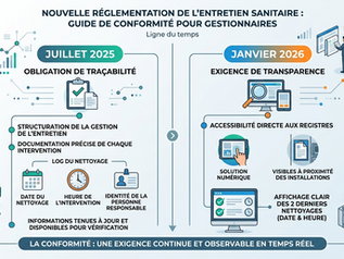 Infographie présentant la nouvelle réglementation de l’entretien sanitaire, avec une ligne du temps indiquant l’obligation de traçabilité en juillet 2025 et l’exigence de transparence en janvier 2026, incluant le suivi des interventions, l’accès aux registres et l’affichage des nettoyages.