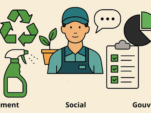 Infographic illustrating the three ESG pillars: Environment with a spray bottle and recycling symbol, Social with a worker and plant, and Governance with a checklist and pie chart.