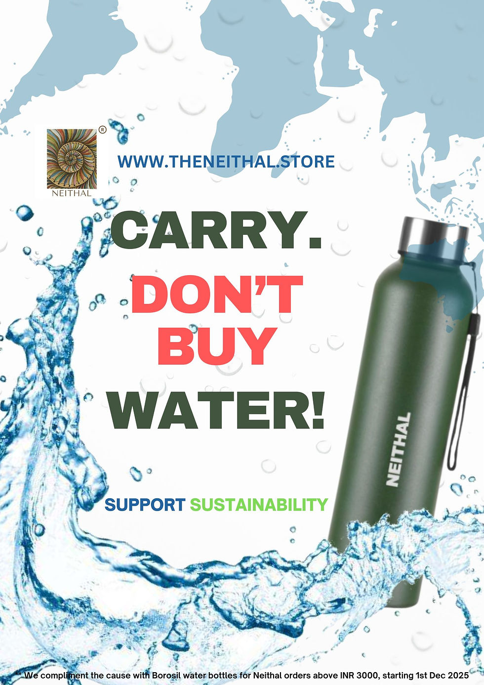 Eye-level view of a reusable steel water bottle on a wooden table with a blurred natural background