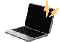 A silver laptop with a black keyboard and screen, emitting dynamic yellow lightning bolts 