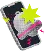 A stylized black smartphone with a pink and yellow explosion effect, showcasing a modern a