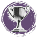A grayscale trophy symbolizing achievement and success, set within a circular purple brushstroke background.