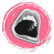 A graphic of an open mouth in grayscale, positioned within a circular pink brushstroke background, symbolizing voice, communication, or expression.
