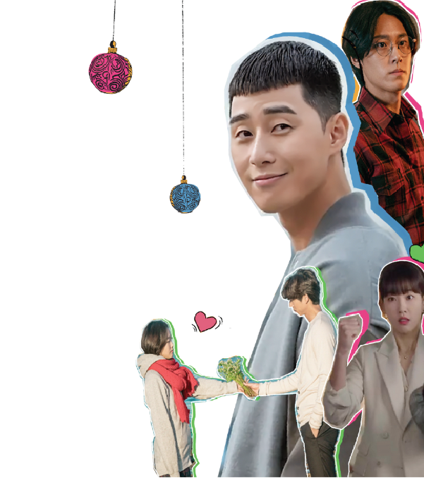 Podcast cover art for 'The Chasing Albert K-Drama Guide' featuring characters from various K-Dramas, including Marie and Alex, set against an orange background with hanging ornaments.