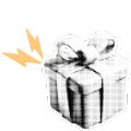 A grayscale gift box with a ribbon, emitting golden lightning bolts, symbolizing giving and surprises.
