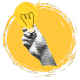 A grayscale hand holding a glowing lightbulb, symbolizing ideas and innovation, set within a circular yellow brushstroke background.