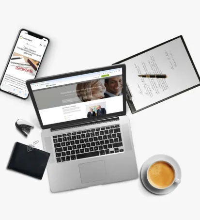 A flat lay image of a workspace featuring a laptop, smartphone, notepad, and cup of coffee. The laptop screen displays a legal website with the text “Sharp legal minds, soft personal touch,” suggesting it belongs to a law firm. The smartphone, placed to the left, shows a related legal article. Other items include a black wallet with paper clips, a set of keys, and a pen resting on a notepad with handwritten notes. The clean and organized layout, combined with the cup of coffee, conveys a professional and productive atmosphere.






