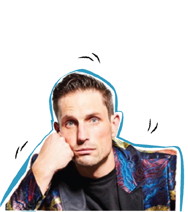 Comedian and Actor, seated with his chin resting on his hand against a yellow background with the title 'Business Presentation Tips'.