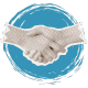 A graphic of two hands shaking in grayscale, symbolizing collaboration and partnership, set within a circular teal brushstroke background.