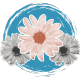 A graphic featuring three flowers—one in soft pink at the center and two in grayscale on either side—arranged within a circular blue brushstroke background, symbolizing growth and creativity.