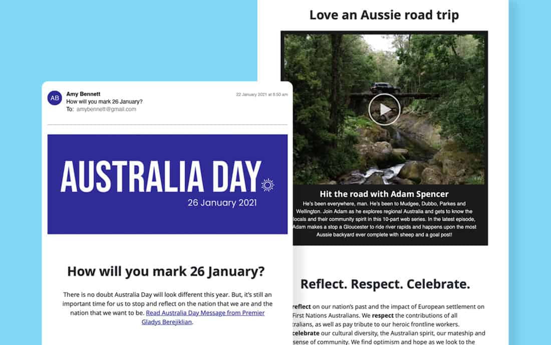 Promotional materials for Australia Day 2021, highlighting a road trip series with Adam Spencer and a message to reflect, respect, and celebrate.