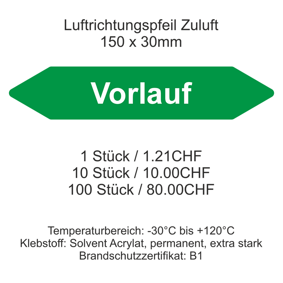 Luftrichtungspfeil Vorlauf Grün (Klebepfeil für Rohre und Leitungen)