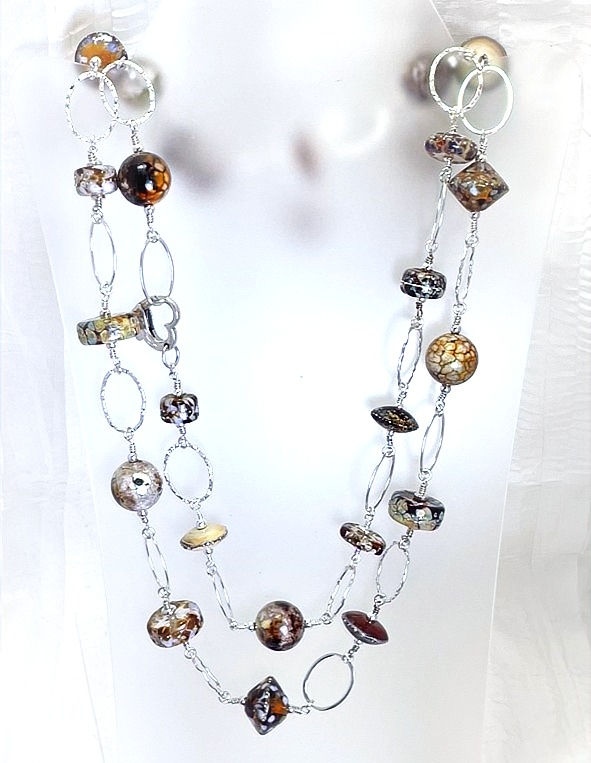 N757 Opera Necklace Topaz & Ivory Beads w/Fun Sterling Silver 55"