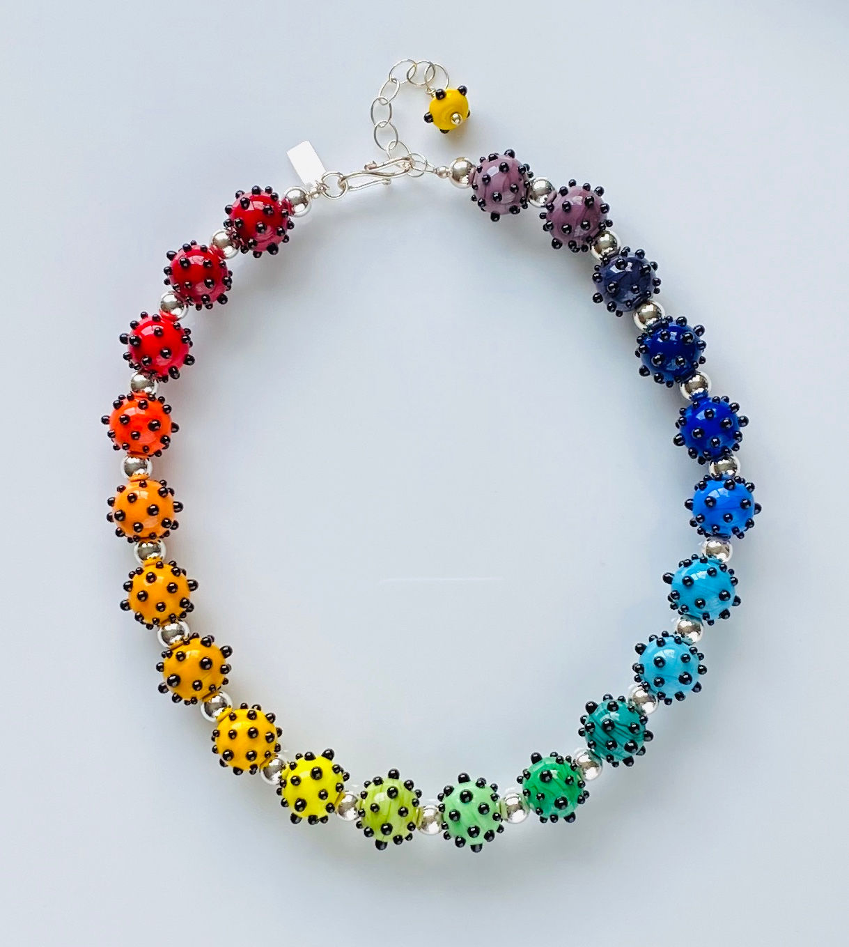 N435 Opaque Rainbow Bead Necklace w/Black Dot Trim