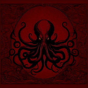 a lovecraftian image with dark red and black as main color, but with NO light colors, with