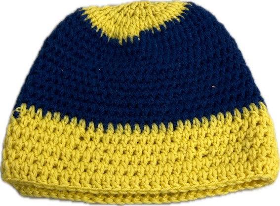 Häkelhaube Kind blau-gelb