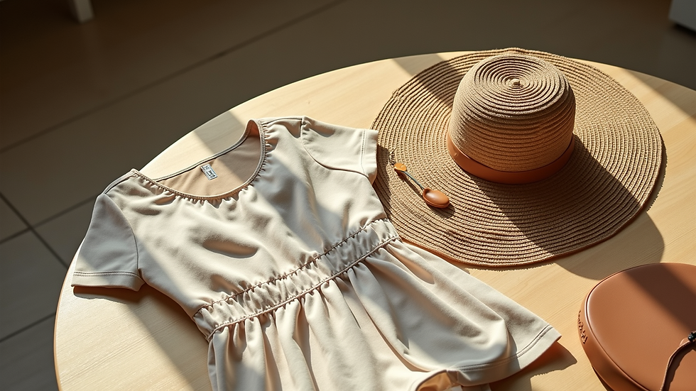 High angle view of a summer outfit laid out on a wooden table
