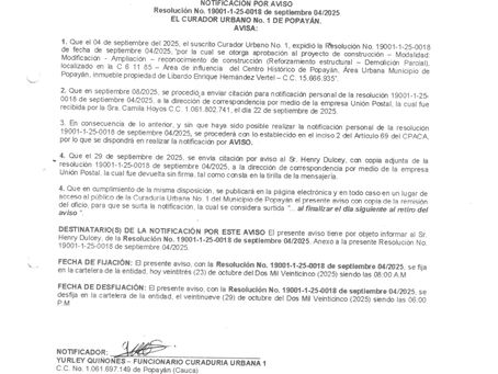 NOTIFICACIÓN POR AVISO RESOLUCIÓN No. 19001-1-25-0018 SEPTIEMBRE 04/25