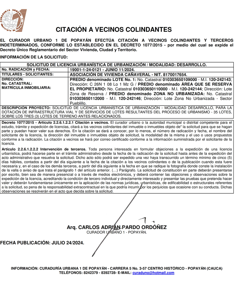 CITACION CU1 - PROYECTO RAD 19001-1-24-0121 - URBANISMO CAÑAVERAL II