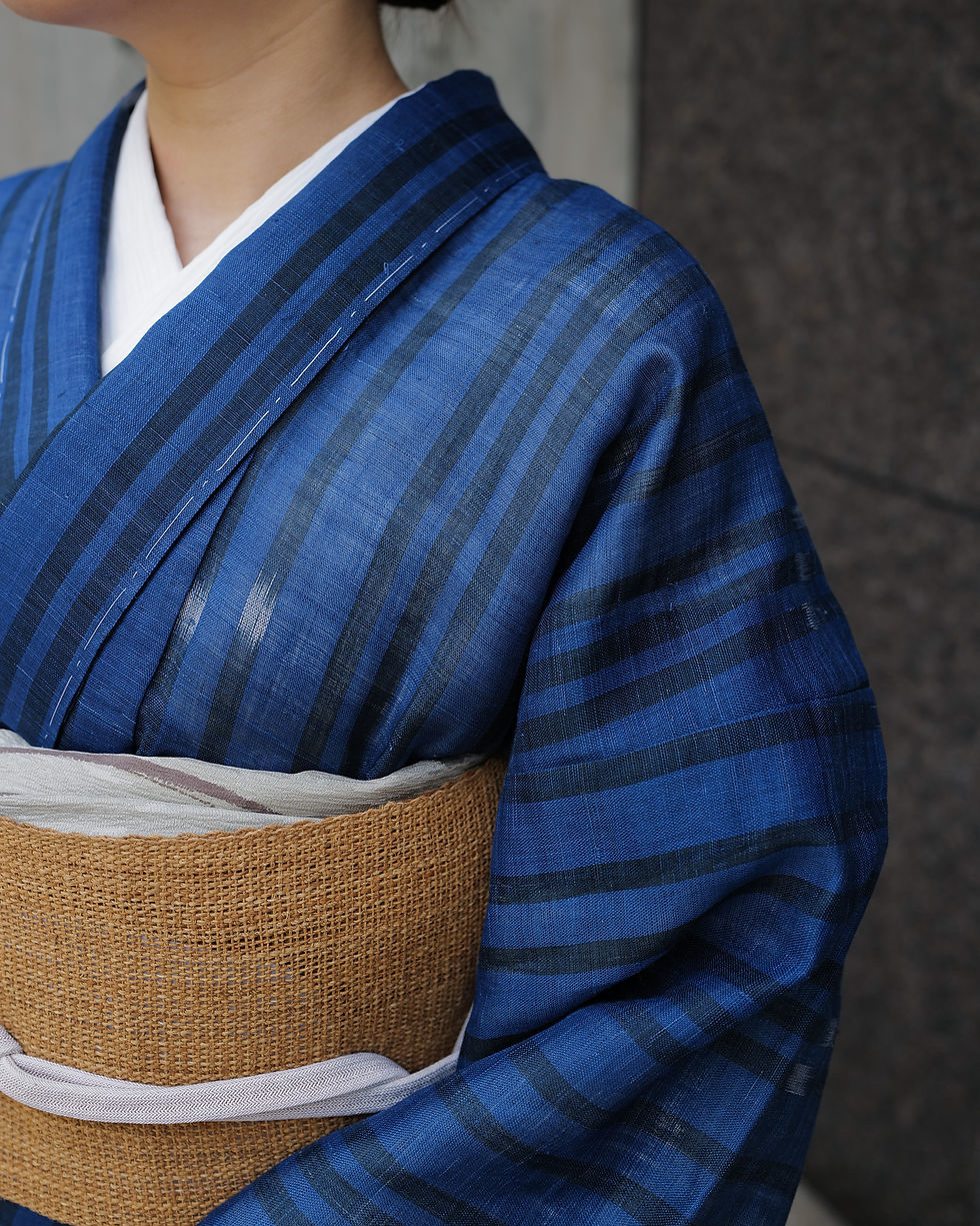 サムネイル： 本麻 縞 経絣 [仕付糸付き未使用品] 身丈167 裄67.5