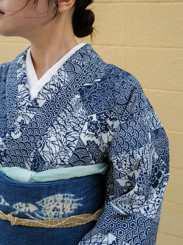 初山一之助作 長板正藍染 綿絽浴衣 反端付き [仕付け糸付き未