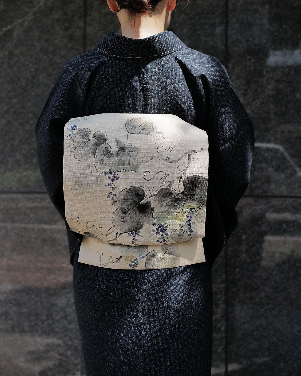 サムネイル： 東京友禅 大槻丹山作 「やまぶどう」 赤城座繰織 名古屋帯 証紙付き [未使用品]