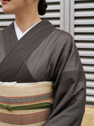 越後おぐに くるまや工房 夏柿泥 小千谷紬 縞 証紙付き 身丈165