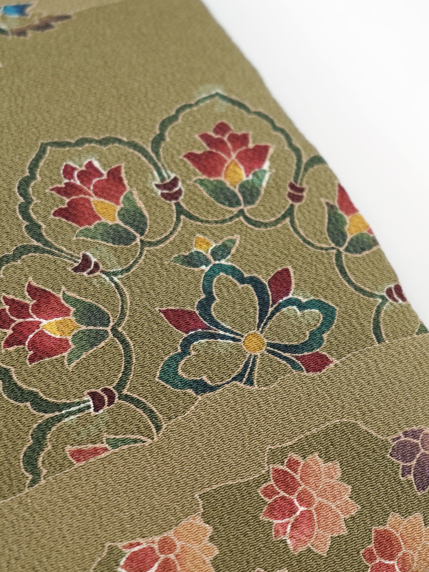 サムネイル： 染名古屋帯 縮緬地 霞取りに華紋