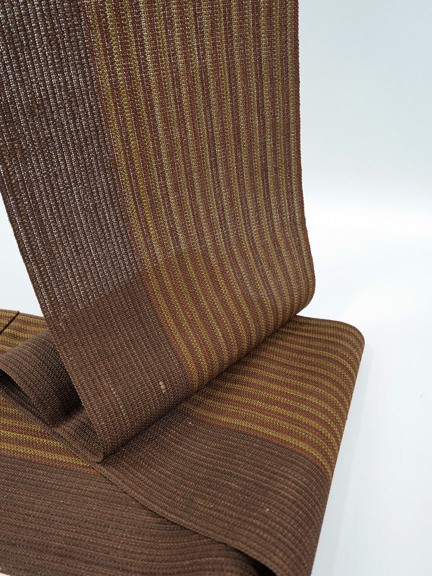 サムネイル： 絹科布 柿渋染 織八寸名古屋帯 縞 間道 [未使用品]