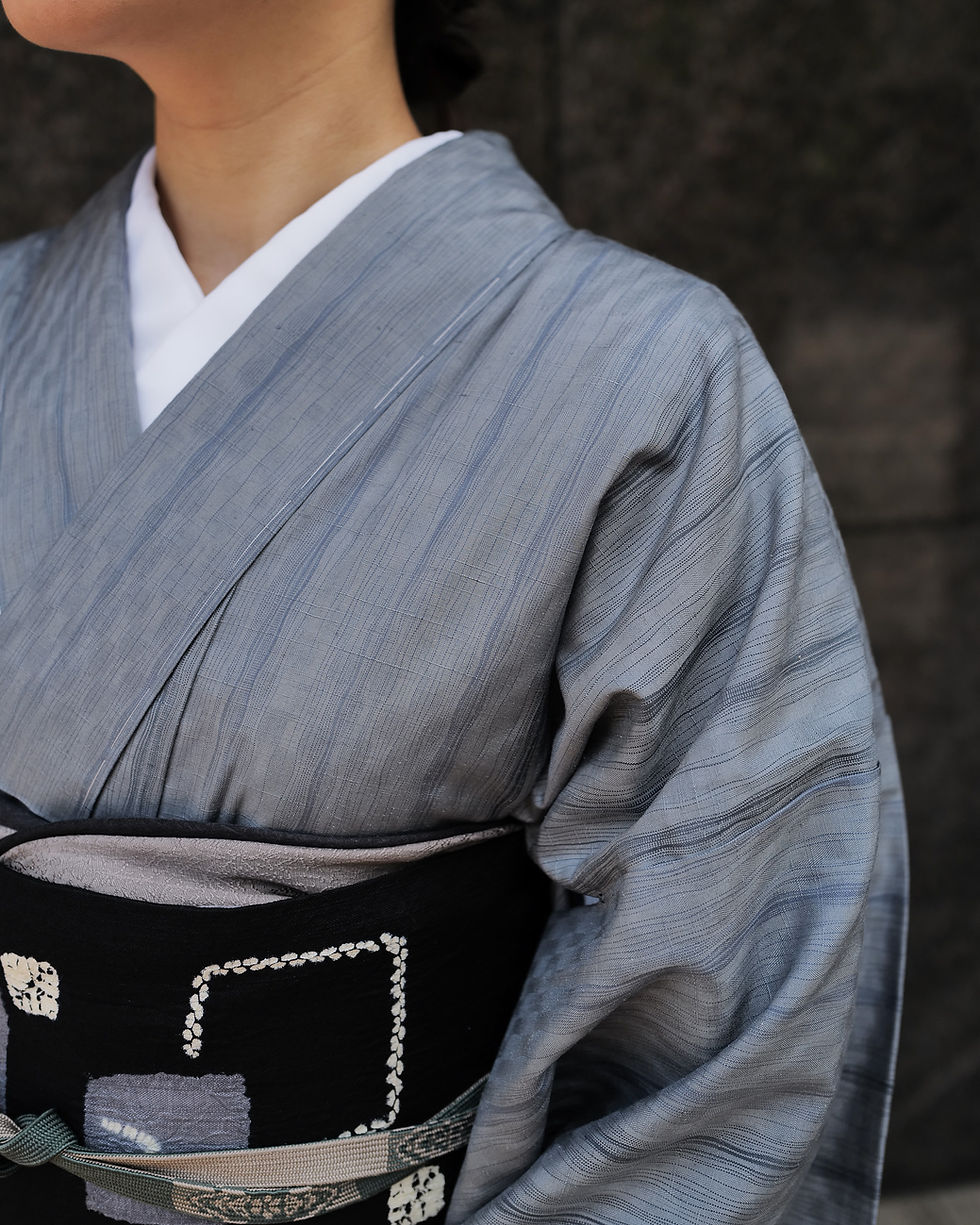 サムネイル： 十日町 波筬紬 よろけ縞 単衣 証紙付き [仕付糸付き未使用品] 身丈165 裄66