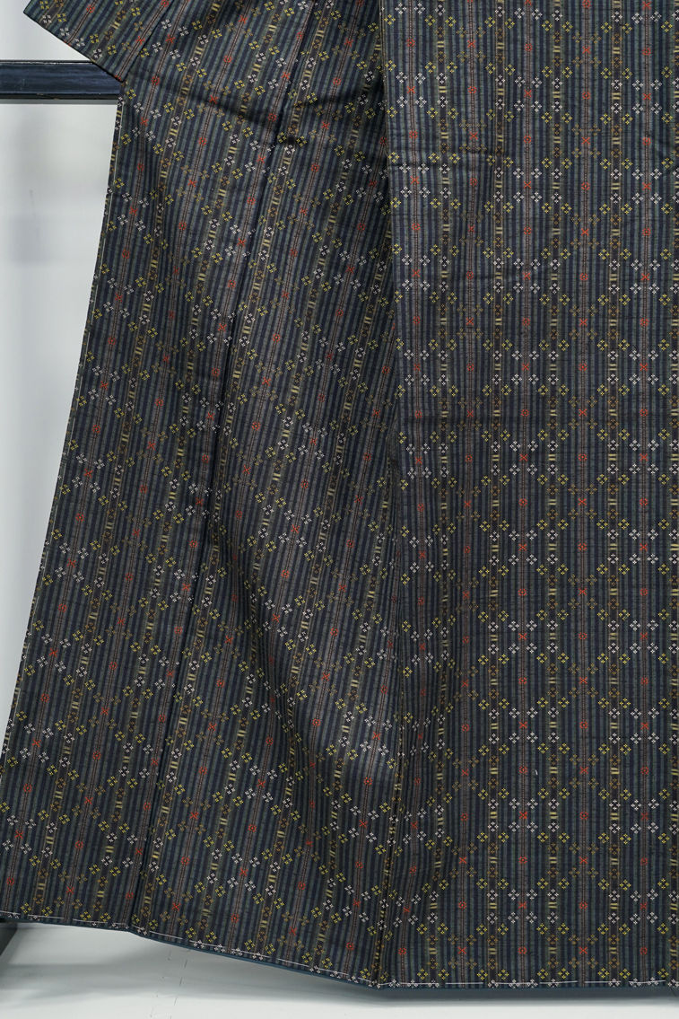 サムネイル： 読谷山花織 草木染 手織り 縞 [仕付糸付き未使用品] 身丈165 裄丈69