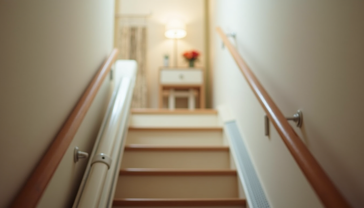 Yakından çekim, ev içindeki merdiven asansörünün ray sistemi