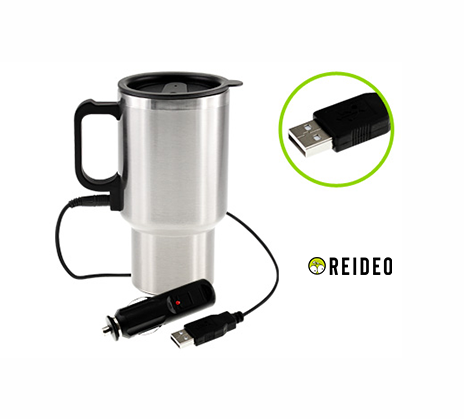 Mug térmico de acero inoxidablede doble pared aislante con tapa plástica negra y dosificador.