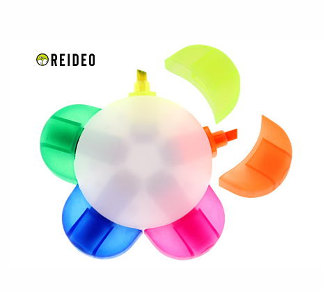 Multidestacador modelo "Flower" con 5 destacadores de colores. Amplio espacio central para logo.