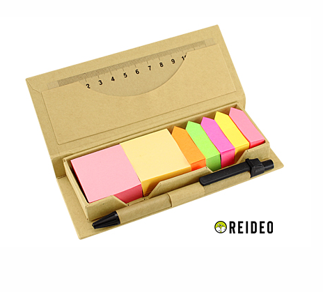 Memo Set Ecológico con Bolígrafo Ecológico escritura negra, Regla 12 cm., notas y banderitas adhesivas.
