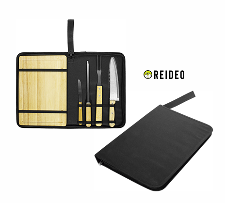 Poliéster 300D, madera y acero inoxidable. Set de asado de 5 piezas: Tabla de madera 32,5 x 21,5 x 1,1 cm.