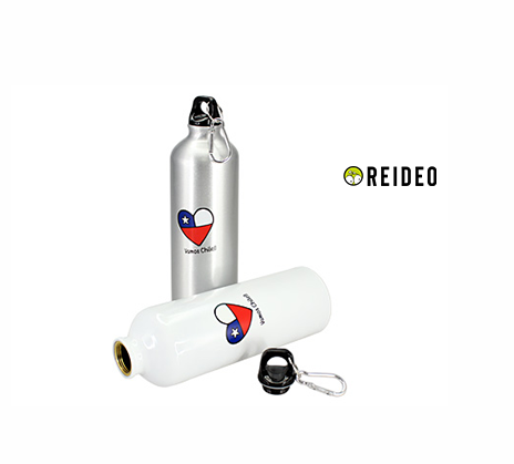Botella deportiva de Aluminio con gráfica "Vamos Chile". Incluye tapa rosca y mosquetón para colgar.