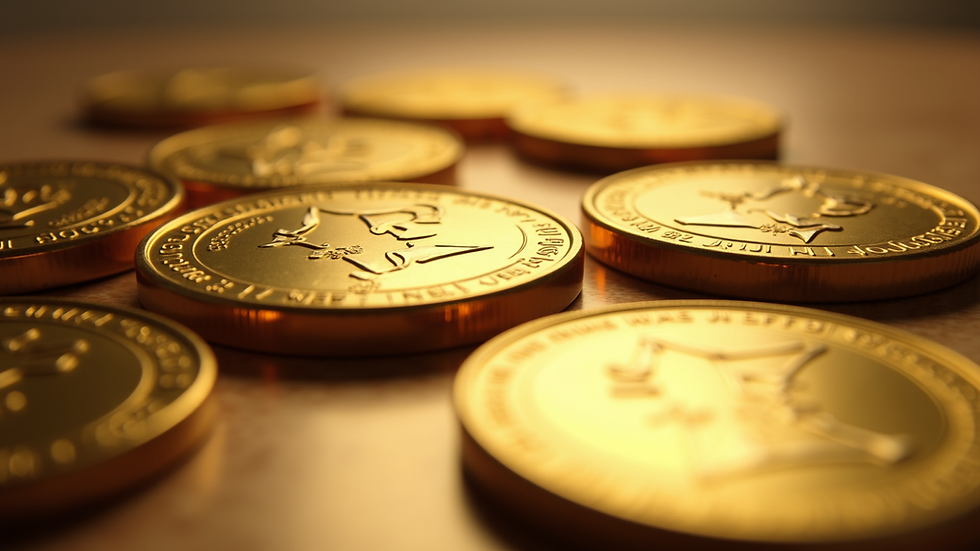 Eye-level view of a collection of gold coins