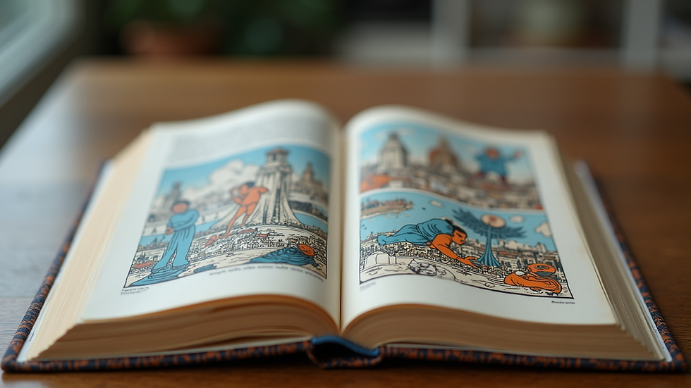Close-up view of a graphic novel open to a colorful page