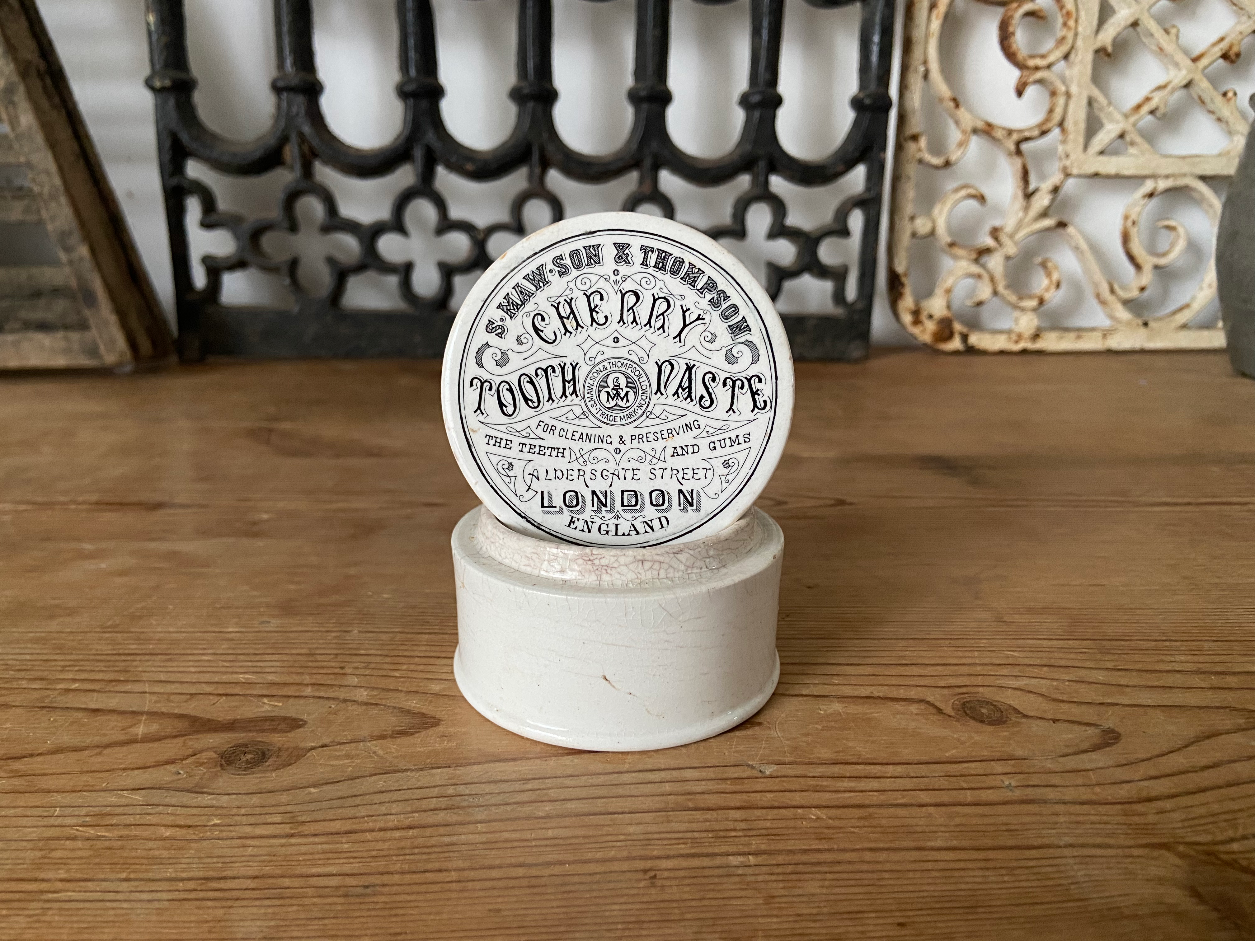 Victorian Cherry Tooth Paste ironstone pot lid and base - S. Maw, Son & Thomson